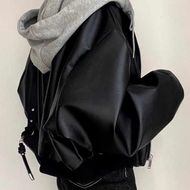 여성 후드 레더 코트 가을 겨울 캐주얼 빈티지 라이더 가죽 자켓 루즈핏 시크 봄 상의 WMY