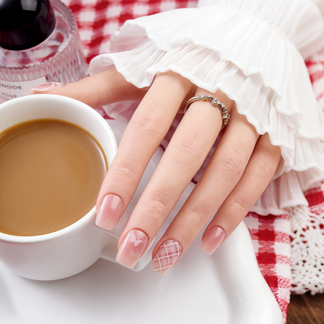 [당일배송] 천안각 핑크 리본 체크 셀프 붙이는 인조손톱 네일팁 자연스러운네일, 1개, 03 - T216 M