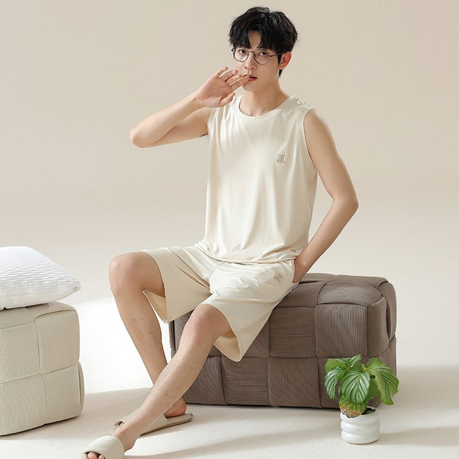 YANGTA 남자 여름 모달면 캐주얼 통기성 부드러운 잠옷 민소매 홈웨어 상하의 세트 M1