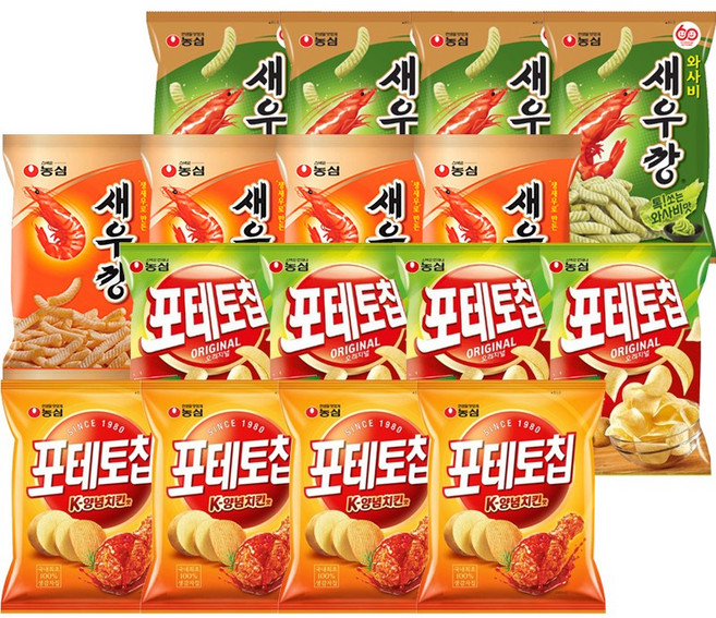 농심 포테토칩4+포테토칩양념치킨맛4+새우깡4+와사비새우깡4, 16개, 50g
