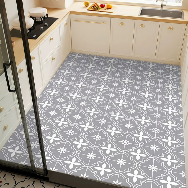 옌타 특대형 pvc 주방매트 방수 미끄럼방지 가능 잘라쓰는, 1개, 여덟 잎 타일-그레이