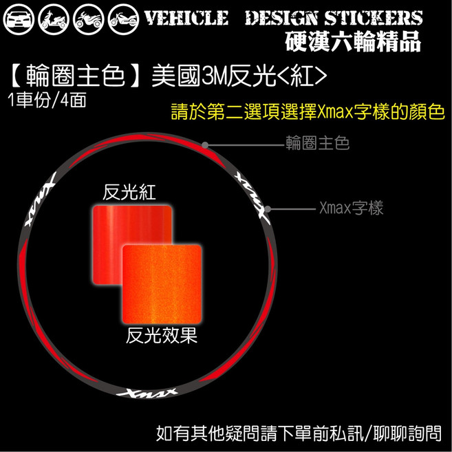 YAMAHA XMAX 300 反光輪圈貼紙 (版型免裁切) 美國3M反光<紅>, 1個, 美國3M反光<藍>,Xmax字樣-美國3M反光<紅>