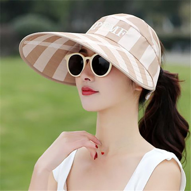 ROYALBELLE 여성 패션 폴딩 썬캡 체크 패턴 자외선 차단 캐주얼 아웃도어 접이식 넓은 챙 모자 K032438