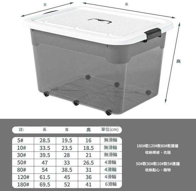 家用透明收納箱 附滑輪選項, 灰色 180 69.5*52*41cm 8個 件, 1套