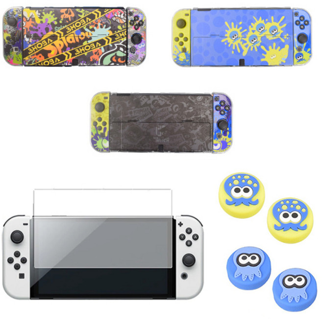 아싸라봉 닌텐도 스위치OLED 스플레툰3 에디션 커버 케이스 강화유리 필름 버튼캡 4종 악세사리 스타터세트, 닌텐도OLED용-블랙에디션 4종세트, 1개