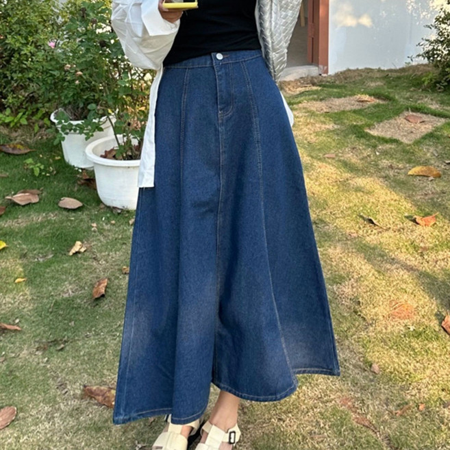 besteffie 여성스커트 가을용 루즈핏 청스커트 A라인 데님스커트 바스락 캐쥬얼 빅사이즈 롱스커트 C88