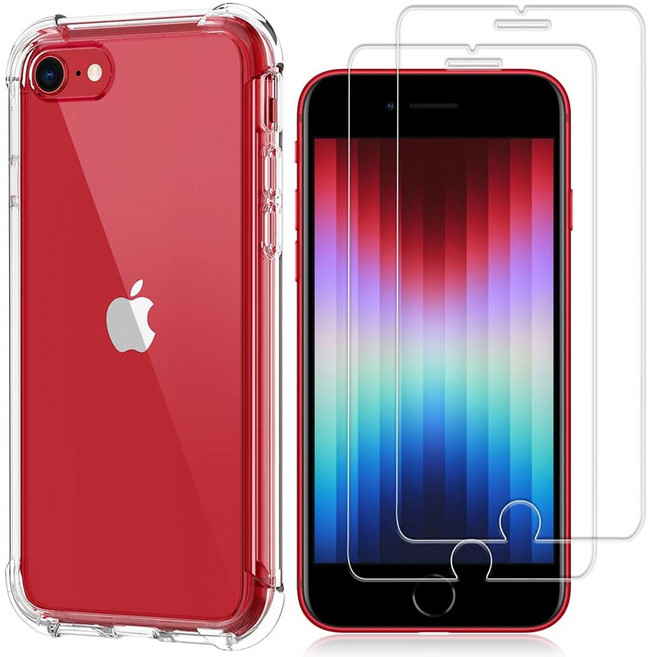 나인테크 1+2 아이폰 SE3 SE2 8 7 플러스 투명 범퍼 젤리 케이스 1개 + 강화유리 액정 보호 필름 2장