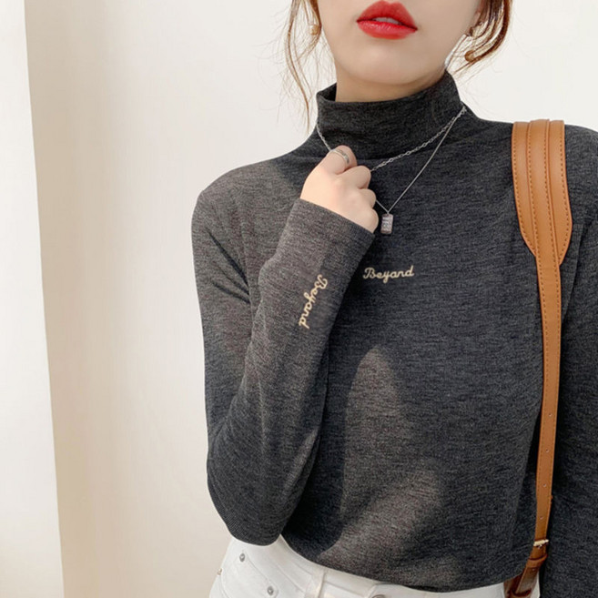 유니픽 여성 가을겨울 기본 면 폴라 긴팔 티셔츠 심플 자수 디자인zdy