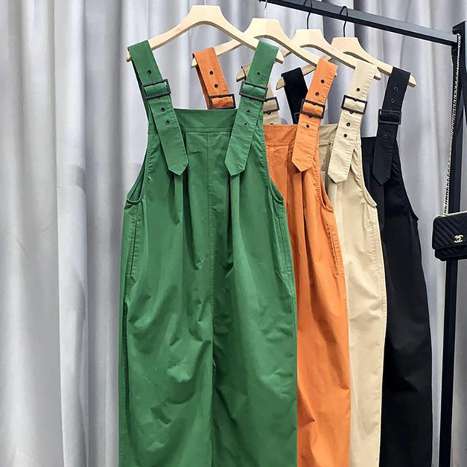메인워크 여성 멜빵 바지 봄가을 간절기 빈티지 와이드 점프슈트 루즈핏 패션 카고 9부 배기팬츠