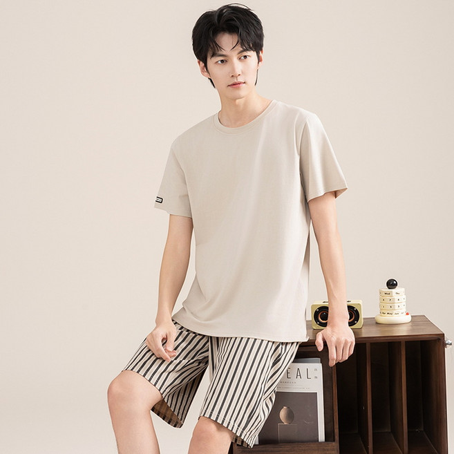 Komorebi 남자 순면 잠옷 라운드넥 반팔 실내외겸용 홈웨어