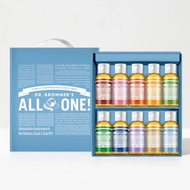 닥터브로너스 캐스틸 솝세트 60ml X 10ea 세안 바디워시 샴푸 반신욕 목욕 족욕 쉐이빙 - 쿠팡