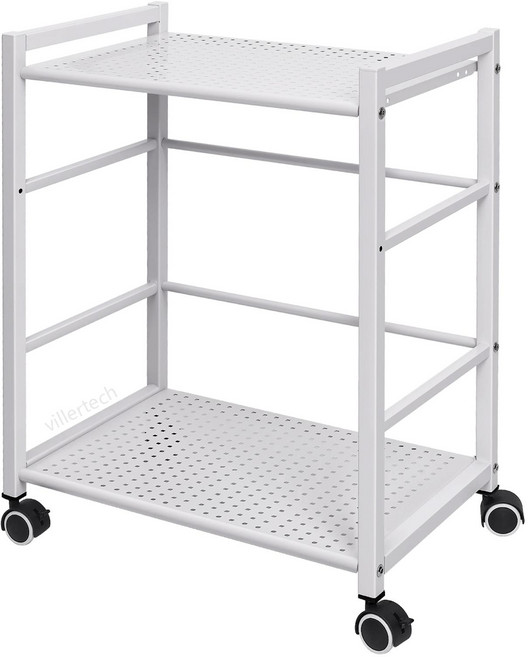 이동식 트롤리 선반장 높이조절 펀칭메탈 다용도 수납카트 (주방 욕실 사무실 거실 프린터 선반용 책상 밑/아래/옆 이동식 수납 카트) 47cm 폭 캐스터 4개 중 2개 브레이크, 2단, 화이트