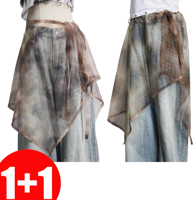 지고다그 1+1 여성 여름 샌드비치 반투명 랩 스커트 시스루 레이어드 스커트 LJM1329