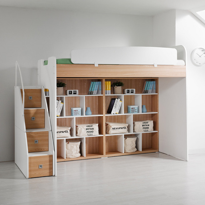동서가구 컨셉트MU-E127 수납형계단 벙커침대 더블책장 세트 (매트미포함) DF903043, 오크