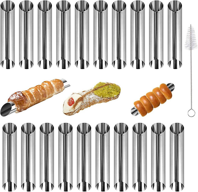 지엘루오 카놀리 튜브 브러시가 있는 20PCS 스테인리스 스틸 스크류 크루아상 몰드 5인치 원뿔 튜브 콘 롤 몰드 나선형 페이스트리 크림 혼 케이크 빵 몰드 카놀리 튜브 크루아, 1개