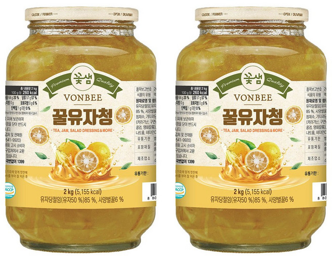 본비 유차청 2kg 2병, 1개, 1개입