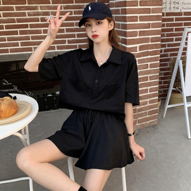 스타일닥터 캐주얼 트레이닝 반팔 세트 여 여름 반팔 티셔츠 하이웨스트 스커트 반바지 투피스