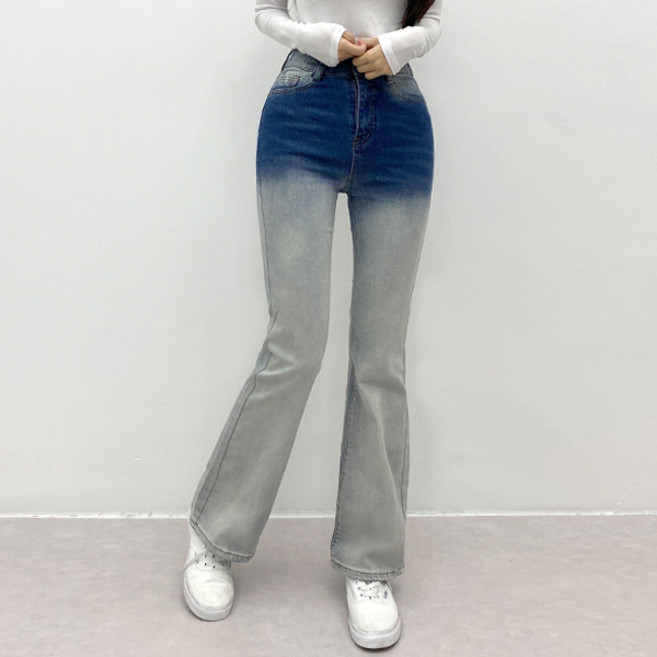 핫투(겨울신상) 기모/3단기장 히든밴딩 하이웨스트 쫀쫀핏 부츠컷 그라데이션 투톤워싱 스판 롱 청바지-3Color