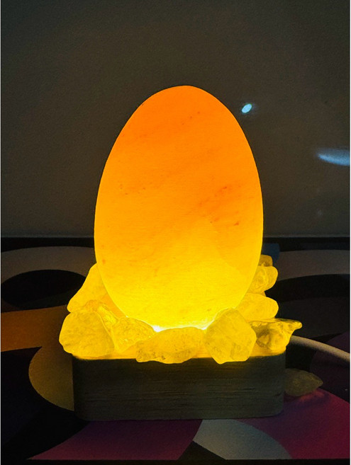 迷你小鹽燈 招財蛋 鹽燈搭配水晶 招財聚財 淨化磁場 led燈座 小 夜燈, 小金蛋搭黃水晶（招正財偏財）