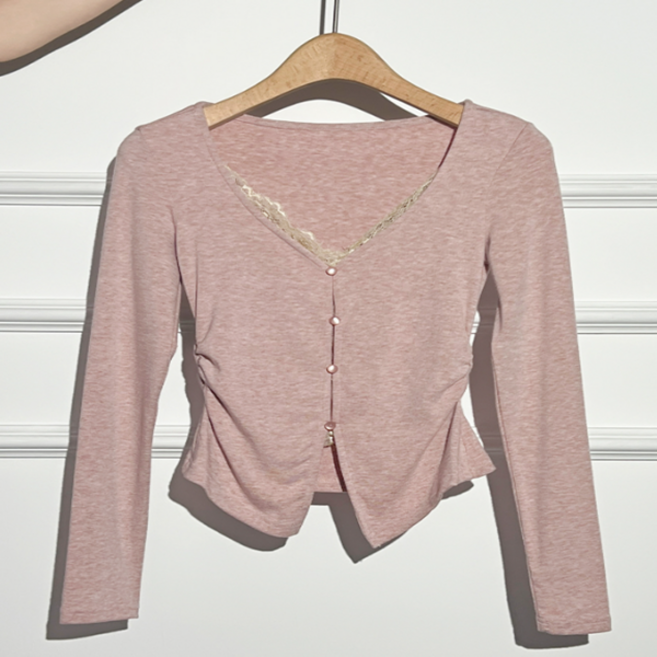 여자 여성 레이스 나시 레이어드 가디건 일체형 셔링 티셔츠