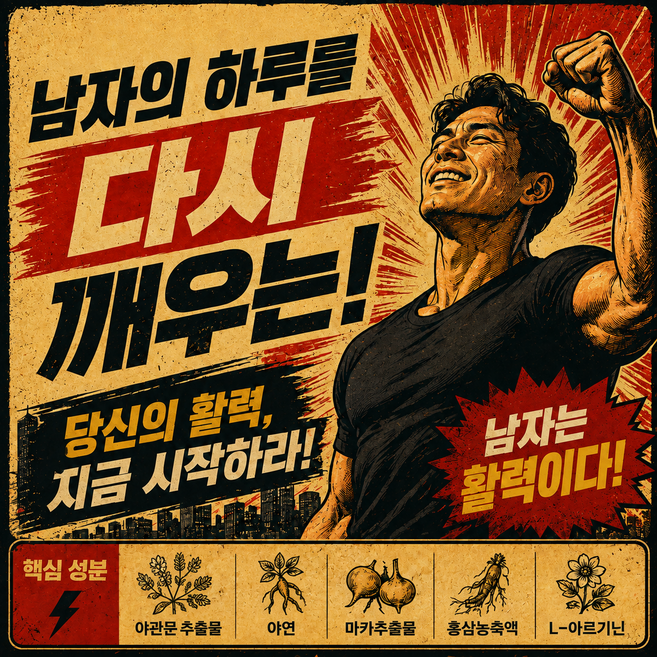 남성 활력 야관문 블랙마카 아르기닌 정제 고함량 배합 부스터업 오운완 프리미엄 풀파워 컨디션 피로 관리 365, 4개, 60정