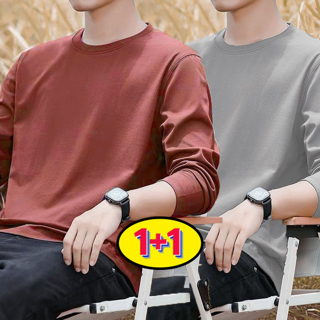 AOKADA 1+1 남성 얇은 라운드넥 봄 가을 솔리드 긴팔 티셔츠