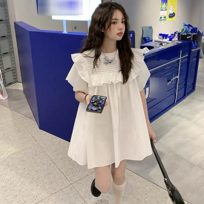 미중 여성 여름 뉴 빅사이즈 캐주얼 하리웨스트 박시 날씬 로고 무지 라운드넥 퍼프 원피스 yf