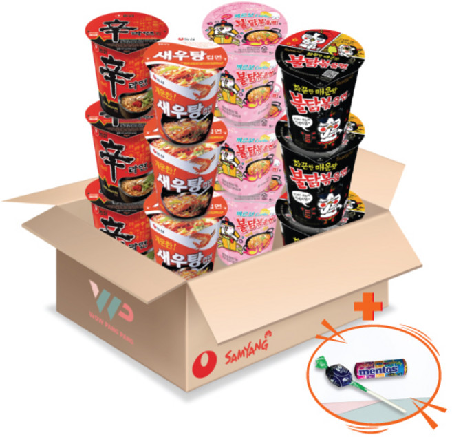 농심 삼양 컵라면 소컵 4종 혼합세트 신라면 3컵+새우탕 3컵+까르보불닭볶음면 3컵+불닭볶음면 3컵 총 12컵입 미니 멘토스+투시팝 사탕 사은품 2종 증정, 1개