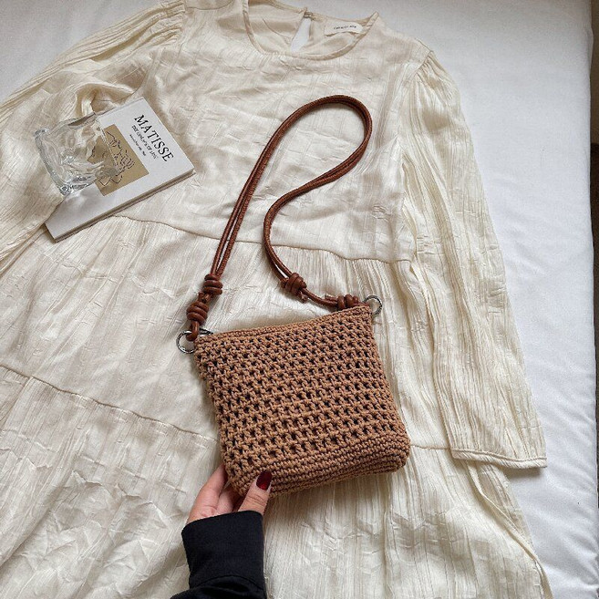 手工編織包包 女 夏 森系 時尚 單肩包 斜挎 沙灘包, 1個, 卡其色無掛件