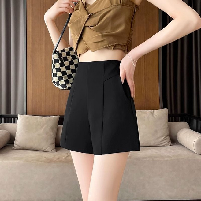 Makone 여성 하이웨스트 블랙 정장 반바지 A라인 와이드 3부 캐주얼 바지 심플