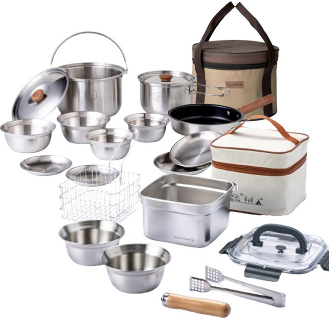 올인원 코펠세트! 스텐 코펠 식기 그릇 접시 튀김 냄비 20종 세트(+휴대용 가방 포함), 1개