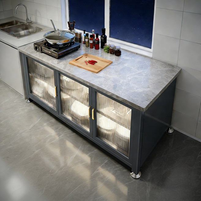 SeekFun 주방 수납장 이동식 세라믹 상판 다용도 테이블 하부장 와이드 식탁 렌지대 3단, 블랙/Black