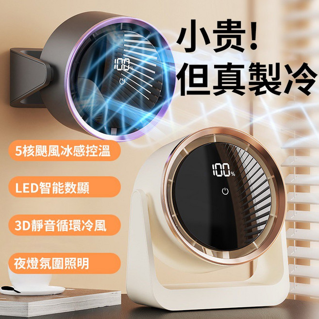 桌面循環扇 LED智能數顯 5檔風力 夜燈氛圍照明 靜音循環冷風, 白色, F7小风扇