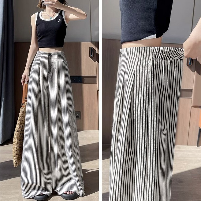 아키무 하이웨스트 스트라이프 와이드팬츠 뒷밴딩 캐주얼 통바지 여름 얇은 긴바지