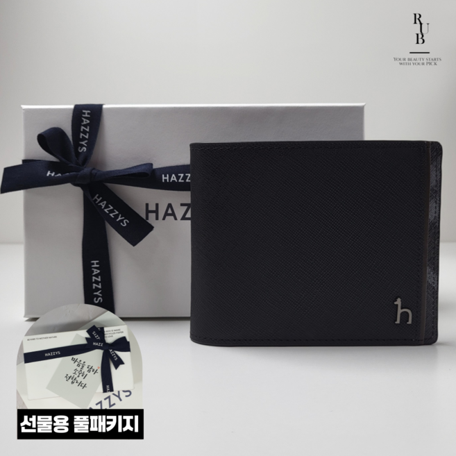 헤지스 남성 사이드 체크패턴 소가죽 반지갑 선물용 풀패키지