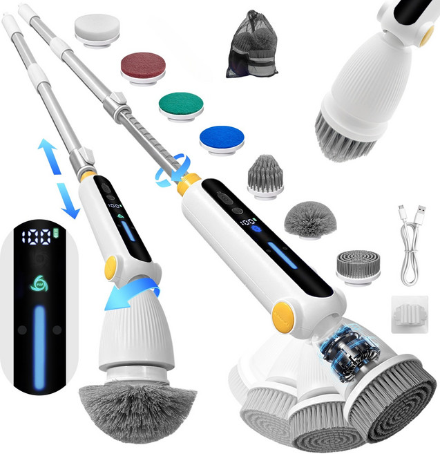 욕실 청소기 무선 전동 화장실 청소솔 주방 회전형 다용도 청소기 신축성 IPX7 방수 LED 디스플레이 7in1세트, 화이트, E2L201
