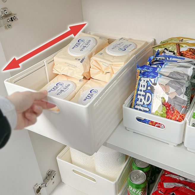 하이어데코 길이조절 팬트리 수납 정리함, 화이트 (대형), 2개