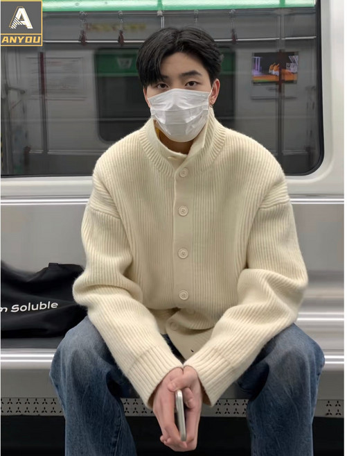 ANYOU 남성 니트 가을 겨울 터틀넥 가디건 패션 캐주얼 니트