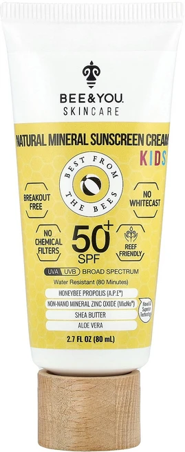 Bee & You 어린이용 천연 미네랄 자외선 차단 크림 SPF 50+ 80ml(2.7fl oz) BEE&YOU (비앤유), Bee & You, 어린이용, 천연 미네랄 자외선 차단 - 쿠팡