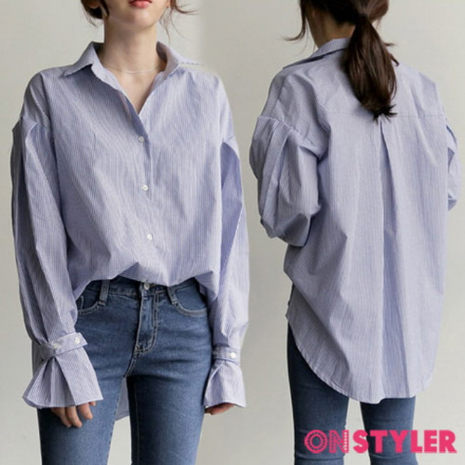 뉴욕멋쟁이 소매 셔링 스트라이프 셔츠