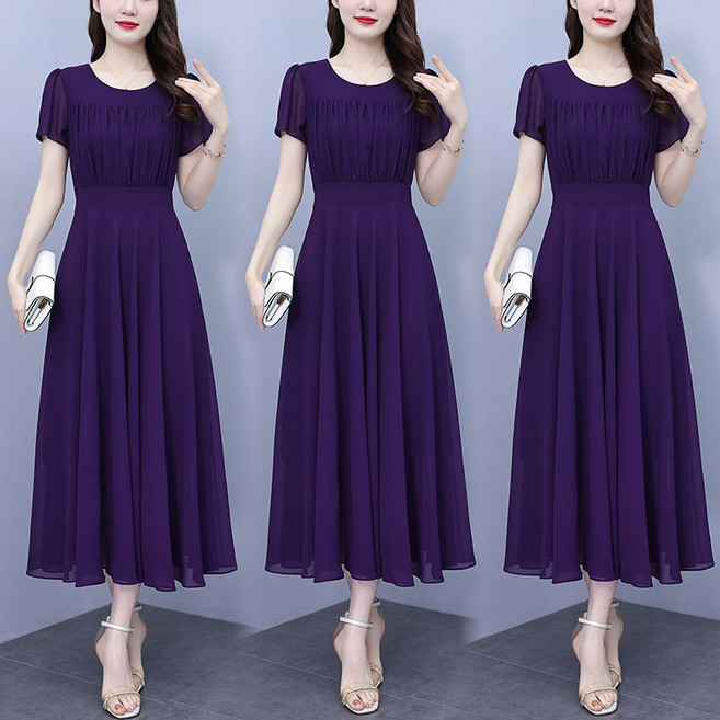 중년 여성 반팔 쉬폰 원피스 봄 여름 기질 프리미엄 롱 원피스 패션 솔리드 쉬폰 치마 YHY