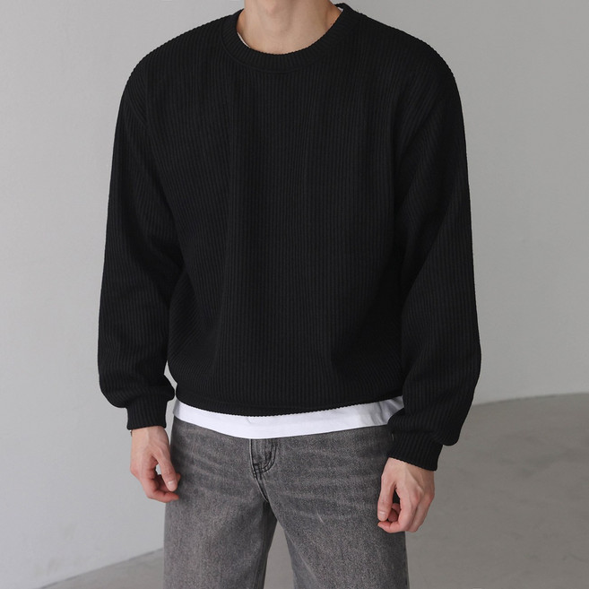 베이직바이블 남자맨투맨 오버핏 니트 골지 스판 기모 긴팔 스웨터 코디
