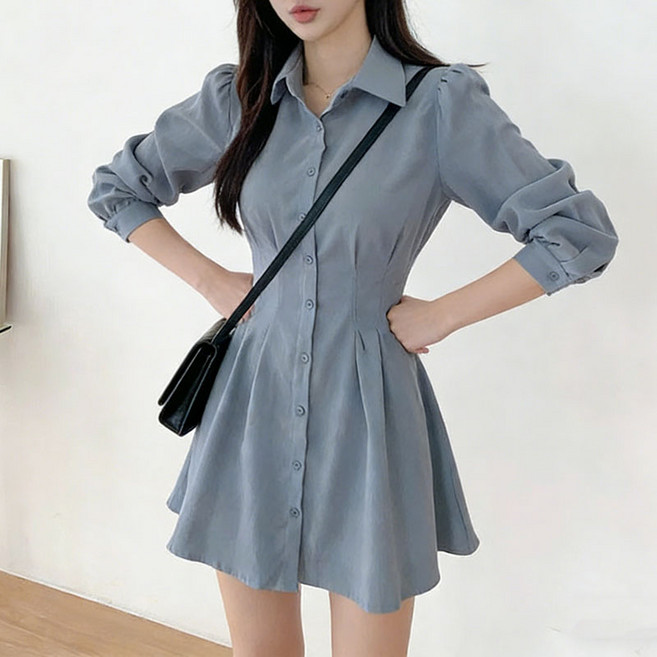 여성 봄가을 허리 조임 슬림핏 셔츠 원피스 캐주얼 기질 패션 스커트 슬림소녀