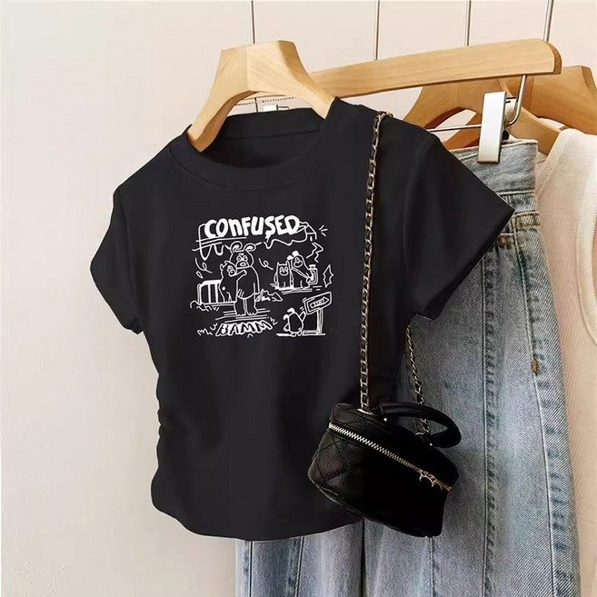 Asure 여름 여성 반팔 티셔츠 프린트 캐릭터 슬림핏 주름 반팔 티셔츠