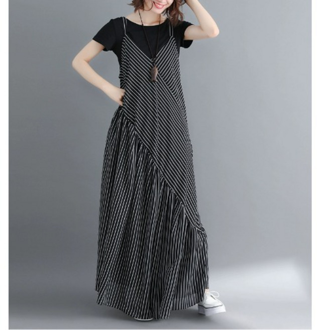 여성용 멜빵바지 와이드 빅사이즈 나시 점프슈트 스트라이프 치마바지 뉴타임즈 P905Y935