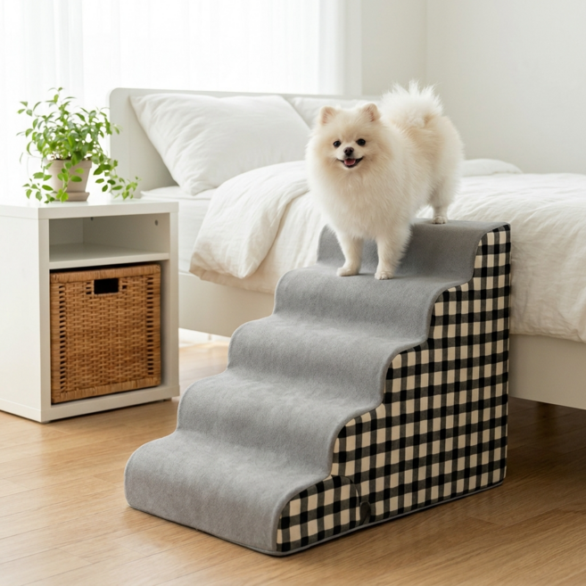 코페스 5단 강아지 계단 높은 논슬립 침대용 60cm, 1개, 회색 검은색 체크