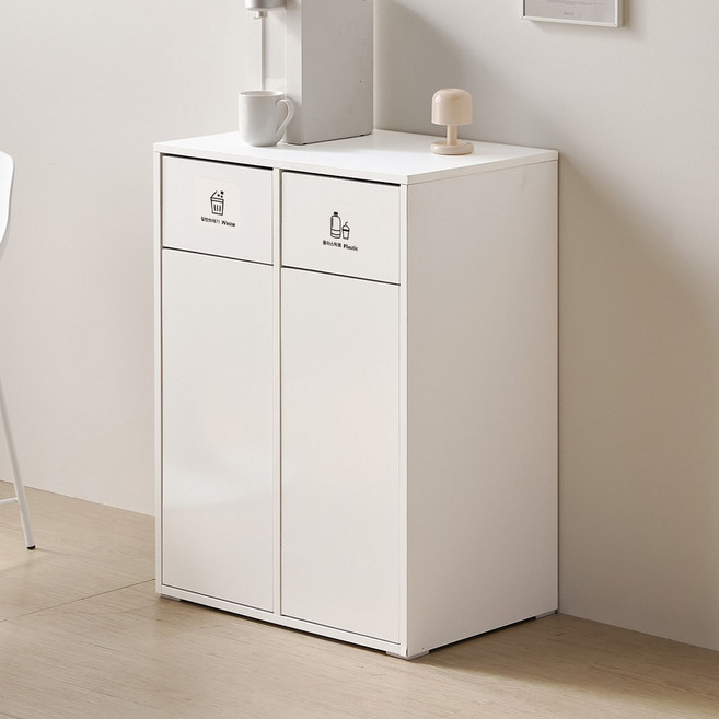 바로방가구 랜디 슬림 재활용 분리수거함 수납장 2칸 600 가정용 업소용 쓰레기통 70L, 화이트