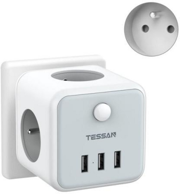 TESSAN USB 전원 스트립 가정용 스위치가 있는 벽 전원 스트립 3 프렌치 콘센트 2500W 및 3 USB 포트 6 in 1, 1개, 03 TS-301-FR-GR, TS-301-FR-GR