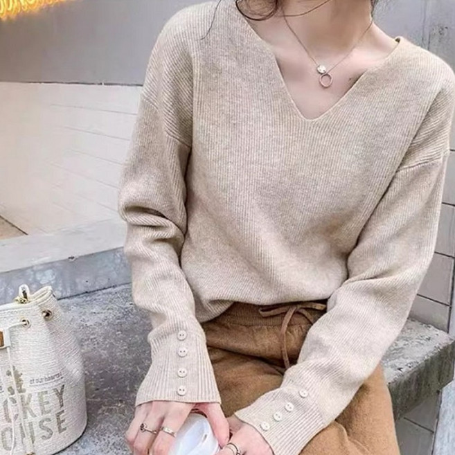 [반애]신상 여자 소매단추 내추럴 니트 데일리 상의