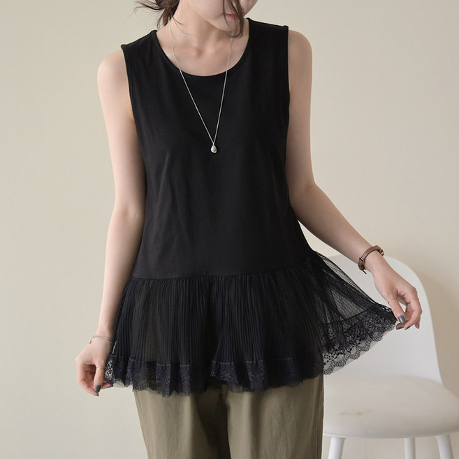 데일리앤 케리아 민소매 3겹 샤 레이스 나시 레깅스 맨투맨 레이어드 티